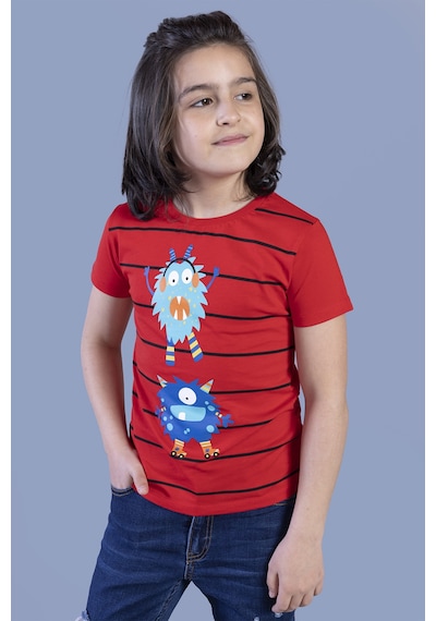 Toontoy Kids Toontoy Erkek Çocuk Çizgili Canavar Baskılı Tişört Kırmızı