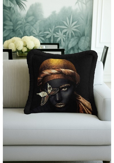 Gold Art Portre Saçaklı Yastık Kılıfı - Lüks Afro Bohem Siyah Altın Renkli Püsküllü Kırlent Kılıfı Açık Yağmur Altın Gold Art Portre Saçaklı Yastık Kılıfı - Lüks Afro Bohem Siyah Altın Renkli Püsküllü Kırlent Kılıfı Açık Yağmur Altın