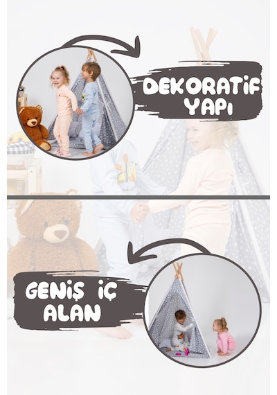 Çocuk Kızılderili Ahşap Direkli Geniş Oyun Çadırı Ve Minderli Ev & Bahçe Oyun Alanı Minderli 001