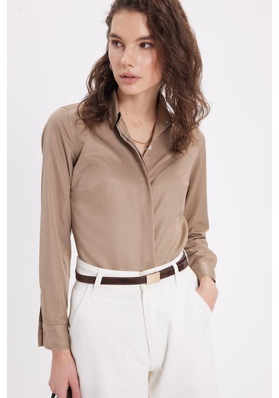 Tudors Kadın Slim Fit Dar Kesim Vucüda Oturan Uzun Kollu Gizli Düğme Detaylı Koyu Vizon Basic Gömlek-41568 Koyu Vizon