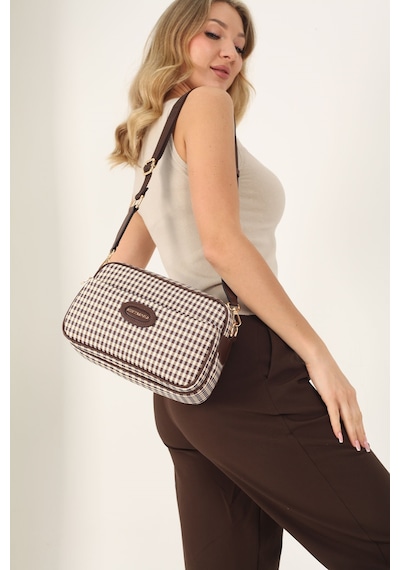 Silver Polo Sp1267 Kadın Çapraz Çanta Ekose Line Kare Kahve Sarı-kahve