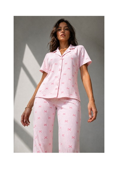 Fit Women Kadın Klasik Doğal Düğme Gece Pembe Pijama Takımı