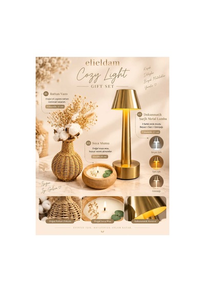 Doğum Günü, Özel Gün, Yeni İş, Yeni Ev Hediyesi Rattan Vazo, Soya Wax Mum Ve Şarjlı Masa Lambası Premium Set