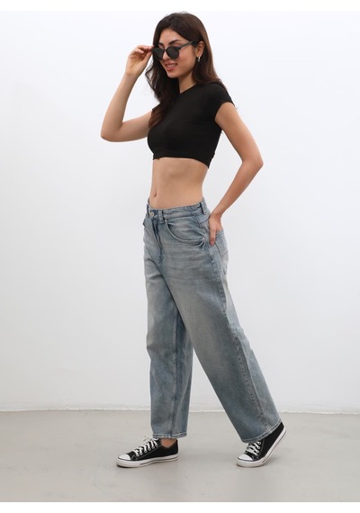 Kadın Yüksek Bel Skater Fit Jean Pantolon Tint Mavi