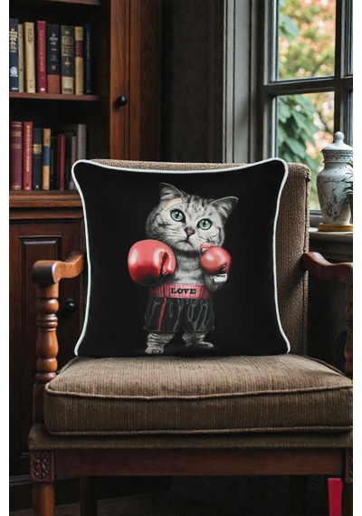 Kırlent Kılıfı Boksör Kedi Desenli 45x45 Raşel Örme Kadife Çift Taraflı Dijital Baskı Beyaz Biyeli Çok Renkli