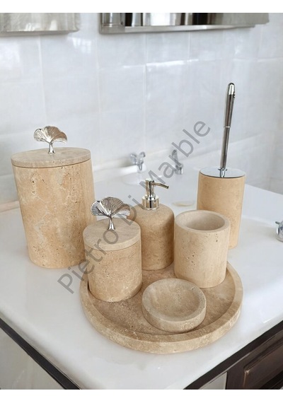 Sarı Traverten Klasik Model 7 Parça Gümüş Renk Japon Gülü Aksesuarlı Banyo Seti Sarı Traverten
