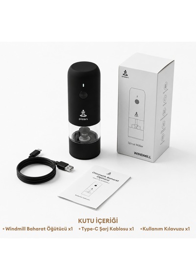 Pizen Windmill Usb Şarjlı Otomatik Baharat Öğütücü Led Işıklı Ayarlanabilir Tuz Karabiber Değirmeni Siyah
