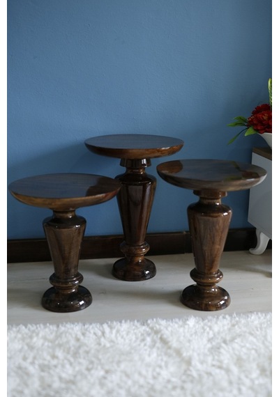 Wood Wooden 3 Lü Set Fitilli Mantar Yan Sehpa Modern Ceviz Renk Fiskos Ceviz