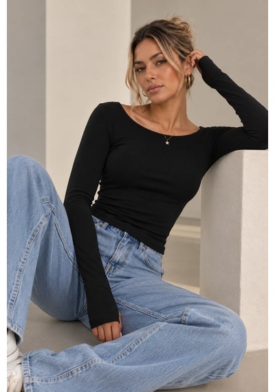 Bb Butik Basic Soft Touch Parmak Geçmeli Kayık Yaka Bluz Mdk35 siyah