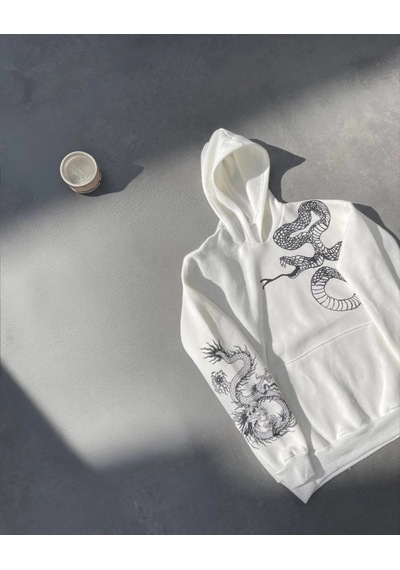 Valensdesign Uzun Kol Kapşonlu Baskılı Sweatshirt - Beyaz
