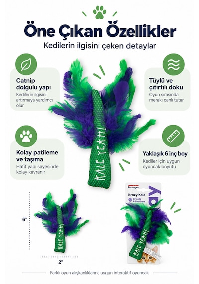 Petstages Krazy Kale Catnipli Kedi Oyuncağı Yeşil Peluş