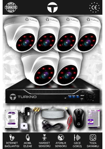 Turkno 6 Kameralı Domia 6 İç Kamera Set 320 GB HDD Full HD Gece Görüşlü Güvenlik Kamerası Sistemi