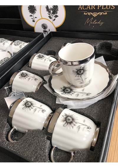 Acar Melody 6 Kişilik Porselen Kahve Fincanı Takımı 90 Ml 5142 Silver Model-2 Beyaz - Gümüş