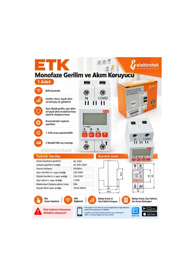 Etk 1x63a Wifi Li Monofaze 30ma Kaçak Akım Voltaj Ve Aşırı Akım Koruma Rolesi Şebeke Giriş Voltaj De
