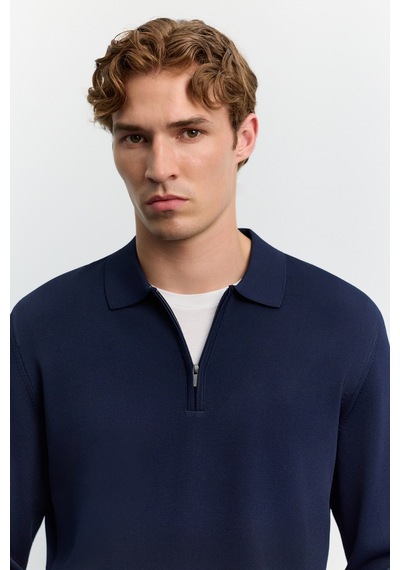 Avva Erkek Lacivert Polo Yaka Fermuarlı Rayon Tüylenmeyen Basic Triko Regular Fit Kazak B005150