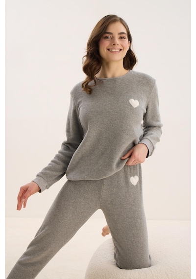Sevim Kadın Uzun Kol Polar Gri Melanj Pijama Takım C1t5n1o61 001