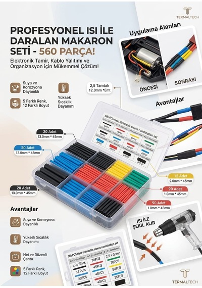 Termaltech 560 Parça Isı Ile Daralan Makaron Seti - Kablo Yalıtım Ve Tamir Kiti 5 Renk / 12 Boyut