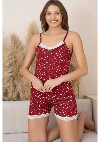 Lukitus İp Askılı Şortlu Milan Kumaş Kadın Pijama Takımı Bordo