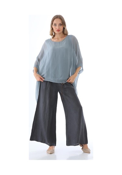 Bohem Stil İtalyan Yarasa Kol İpek Bluz-8869 Gri