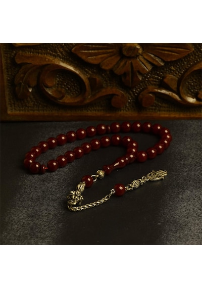Küre Kesim 9x8 Mm Sıkma Kehribar Alpaka Püsküllü Tesbih Bordo