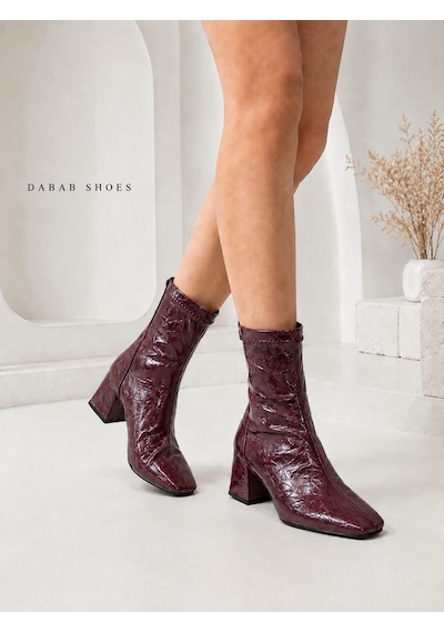 Dabab Shoes Janıce Kadın Bordo Küt Kare Burun Kırışık Desenli Rugan Streç Arkadan Fermuarlı 6 Cm Kalın Topuklu Bot Bootie