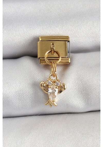 316l Çelik Sallantılı Zirkon Taşlı Yengeç Model Gold Renk Charm Gümüş