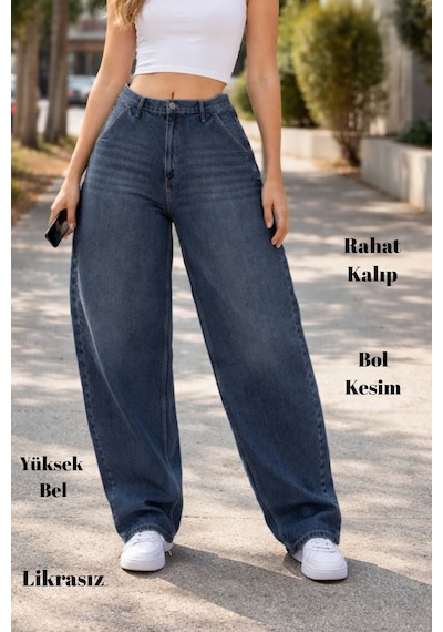 Cedy Denim Cedy Denım Yüksek Kalite Kadın Yüksek Bel Baggy Skater Jean Koyu Mavi