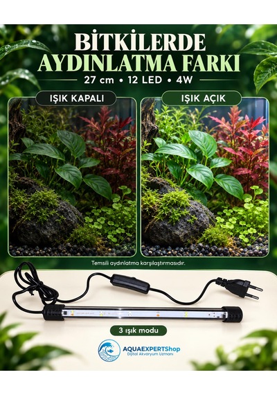 Akvaryum Işığı - Balık Işığı - Bitki Işığı - 27 Cm - 12 Led - Tamamen Su İçinde Kullanılabilir - 3 Modlu - 4w - Mükemmel Işık