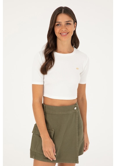 U.S. Polo Assn. Kadın Ekru Bisiklet Yaka Crop Tişört 50281813-VR019