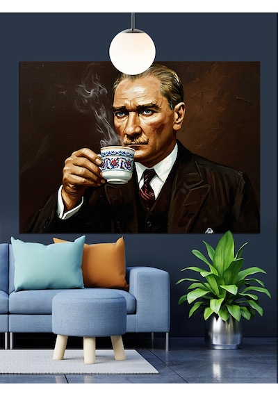 Atatürk Kahve İçiyor Portre Dekoratif Kanvas - Mdf Ahşap Tablo