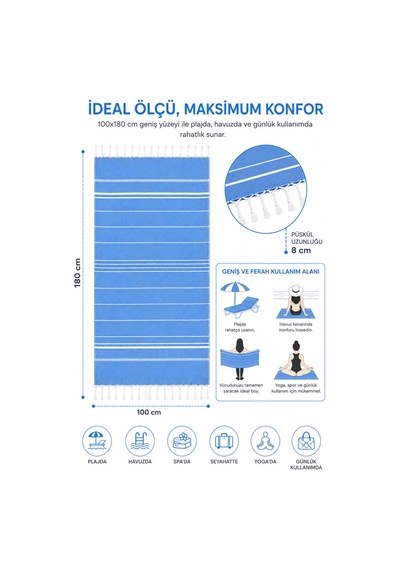 Sultan Peştemal Havlu 100 Pamuklu Deniz Plaj Banyo Peştemali 100x180 Cm Mavi