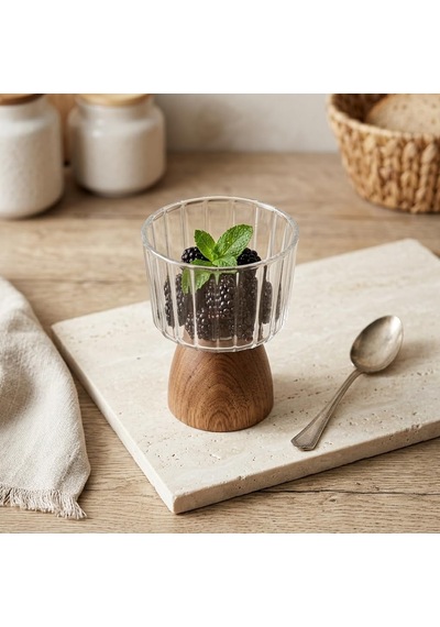Deconox Doğal Akasya Ahşap Ayaklı Borosilikat Cam Sunumluk - Çerezlik, Dondurmalık Ve Tatlı Kasesi 10x9x6 Cm, 1 A Diğer
