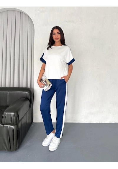Defymoda Kadın Modal Dokulu Kumaş Yanı Şeritli Takım Lacivert