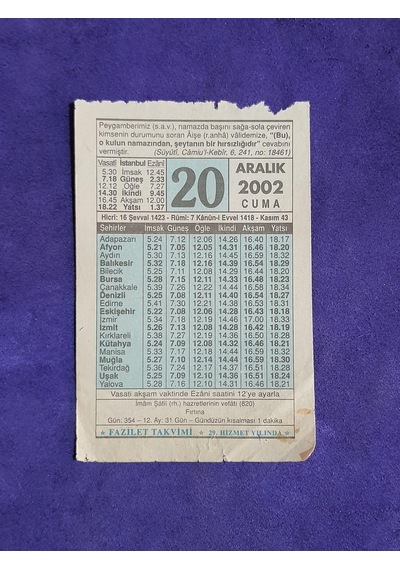 20 Aralık 2002 Takvim Yaprağı - Nostalji Koleksiyonluk Takvim Yaprağı