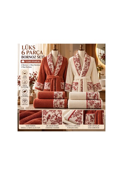 Slc Home %100 Pamuk Aile Bornoz Seti 6 Parça Lüx Tasarım Turuncu - 939983396 Turuncu