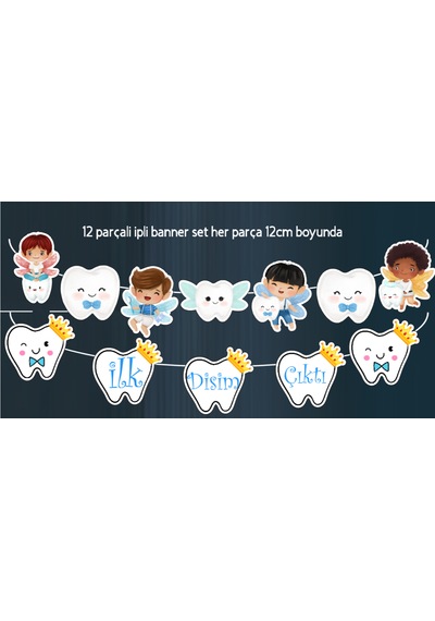 Erkek 32 Parça İlk Dişim Çıktı Diş Buğdayı Erkek Süs Seti Banner Pasta Kürdanı Cupcake Süsü Seti Mavi