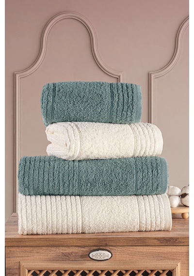 Ece 4'lü Banyo Havlu Seti Havlu Banyo Havlusu I Hamam Seti I Çeyiz Havlusu Krem-Yeşil
