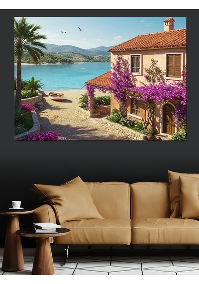 Mor Çiçekli Akdeniz Evi Dekoratif Kanvas - Mdf Ahşap Tablo