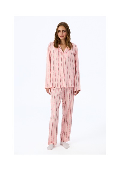 Penti Açık Pembe Chloe Çiçekli Fırfırlı Uzun Kollu Gömlek Pantolon Pijama Takımı Soft Pınk