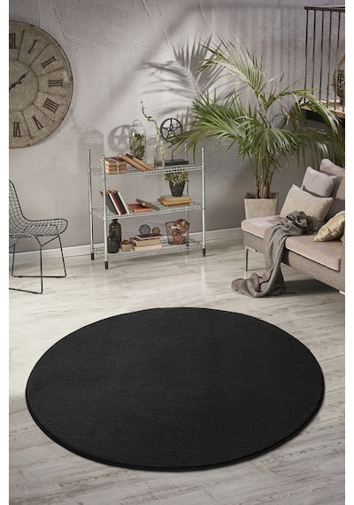 Vl Comfort Puffy Ponpon Saçak Peluş Yıkanabilir Siyah Yolluk Siyah Overloklu Yuvarlak