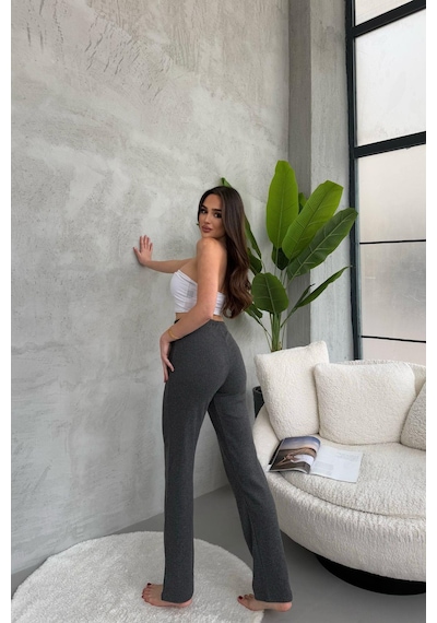 Kadın Füme Yüksek Bel Fitilli Bol Paça Günlük İnce Eşofman Altı Pijama Füme