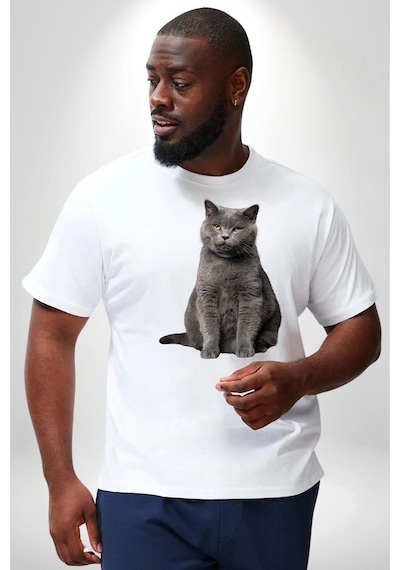 Angemiel British Shorthair Kedi Beyaz Büyük Beden Kadın Erkek Ünisex Basic Ön Baskılı Tişört Beyaz