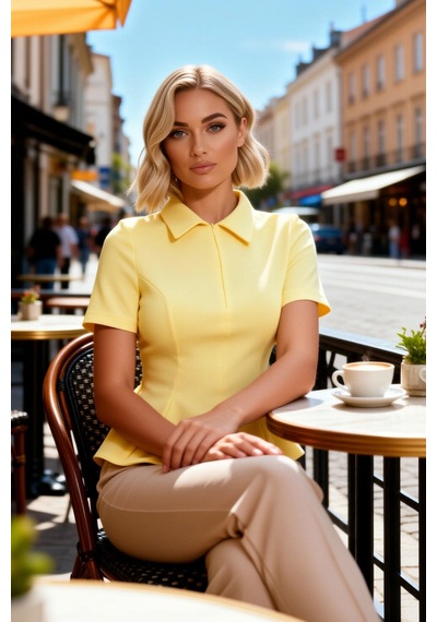 Benerly Kadın Bluz Peplum Polo Yaka Kısa Kol İnterlok Örme Düz Desen Yarı Sarı