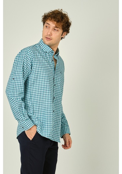 Figs Erkek Slim Fit Ekoseli Uzun Kollu %100 Pamuk Gömlek 0016 Mint Mint