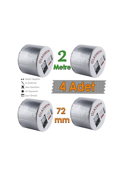 4 Adet Çatı İzolasyon Bandı 72 Mm X 2 Mt Su Sızdırmazlık Geçirmez Yalıtım Çamur Boru Sakız Tamir Bant