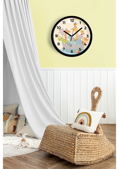 Gemideki Sevimli Hayvanlar Modern Tasarım Çocuk Odası Duvar Saati - 30cm - Önü Camlı Siyah Kasa-jh0853 Siyah