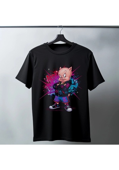 Freedom Store Porky Pig Graffiti Baskılı Unisex Siyah Oversize Tişört - 24/1 Penye