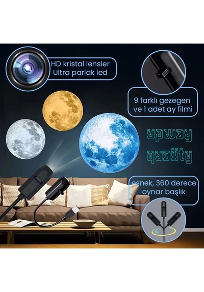 Upway 10 U 1 Arada Gezegen Ve Ay Projektörü - Eğitici Hd Gece Lambası 10 Parça Siyah