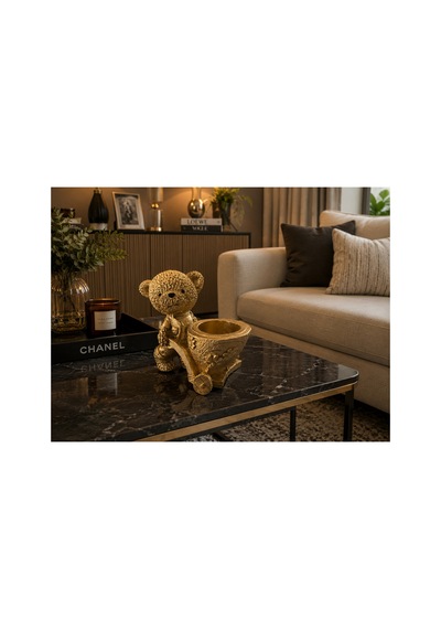Dekor Sepetli Ayıcık Biblo Saksılık Gold Polyester Dekoratif Obje 18 Cm Altın