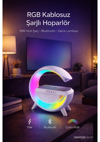 Kablosuz Işıklı Hoparlörlü Şarj Standı Gece Lambası Kablosuz Şarj Ve Bluetooth Hoparlör Bir Arada